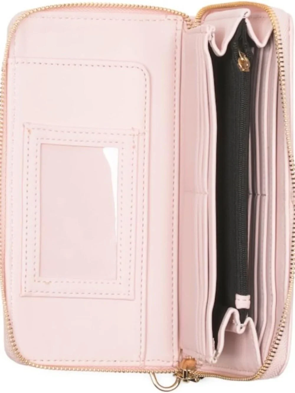 Chic Pink Zip Around Wallet with Wristlet Strap, Embroidered Hearts & Gold